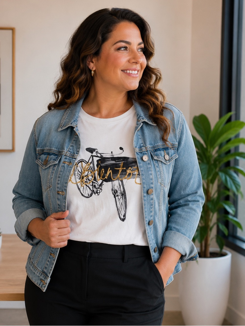 Joe Fresh White Short‑Sleeve Tee with Black Bicycle and Gold Script